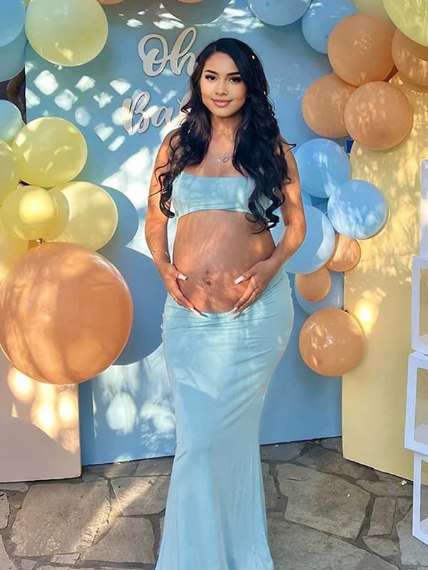 Momyknows Blue Cut Out Crop Cami Chic Maternity Baby Shower Maxi Dress
