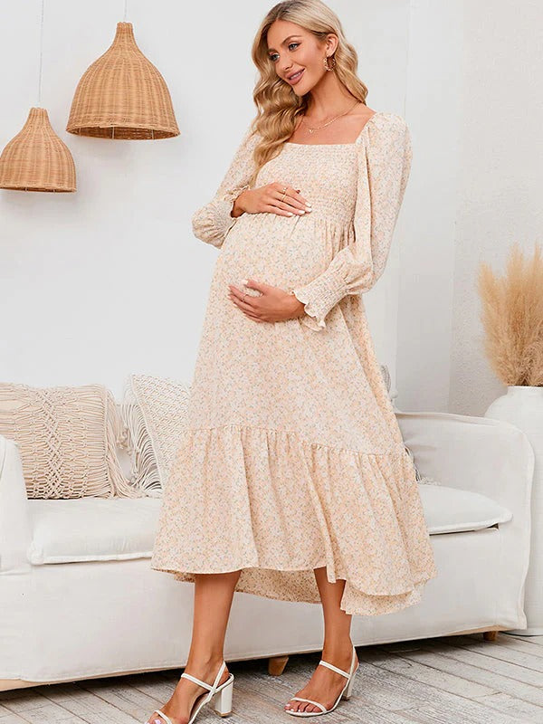 Momyknows Chiffon Floral Print Ruffle High Waist Boutique Holiday Sweet Maternity Maxi Dress