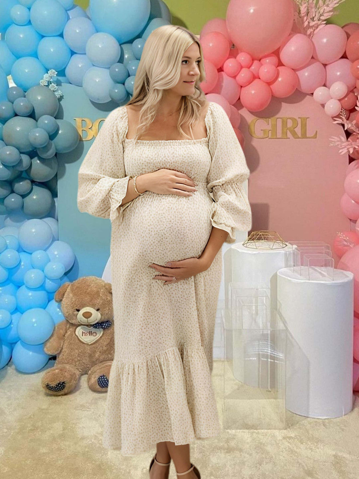 Momyknows Ruffle Ruched High Waist Puff Sleeve Cute Gender Reveal Maternity Maxi Dress