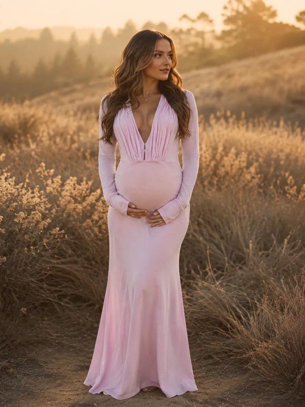Momyknows Deep V Ruched Sheer Bodycon Maternity Photoshoot Maxi Dress - Pink - 1