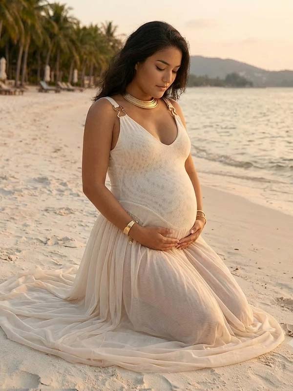 Momyknows White Ruffle Grenadine Lace-up Maternity Photoshoot Maxi Dress - White - 2