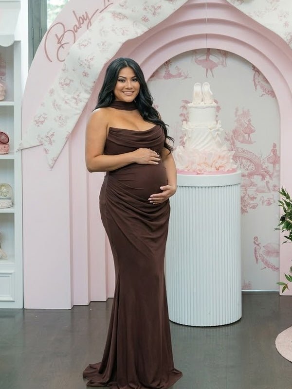 Momyknows Brown Mesh Ruched Bandeau Strapless Bodycon Maternity Maxi Dress