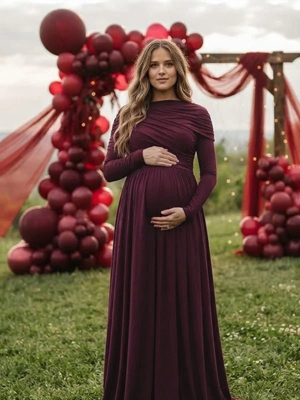 Momyknows Red Ruched Cape Big Swing Maternity Baby Shower Maxi Dress - Red - 2