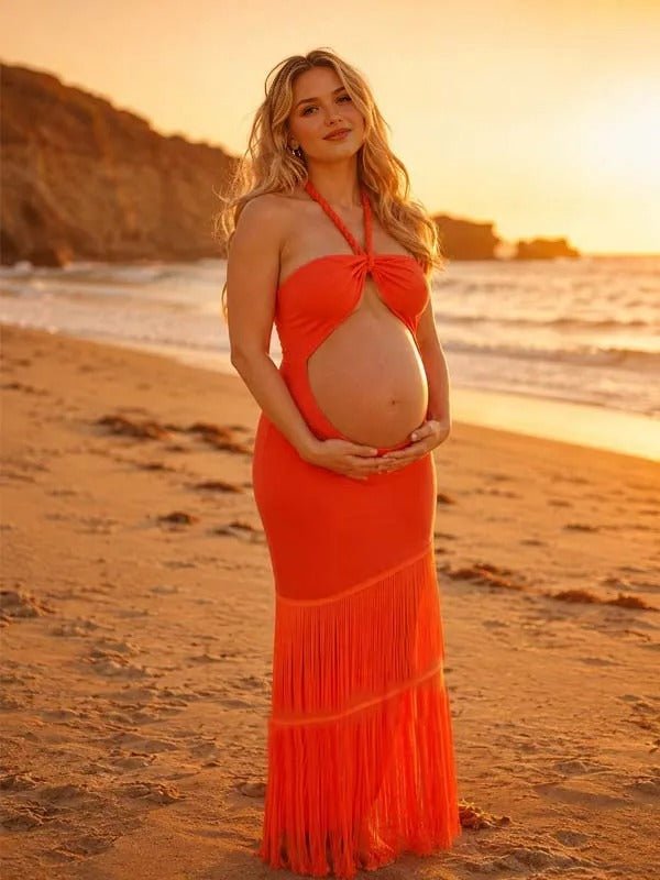 Momyknows Orange Tassel Halter Neck Bandeau Midriff Ruffle Maternity Photoshoot Maxi Dress - Orange - 1