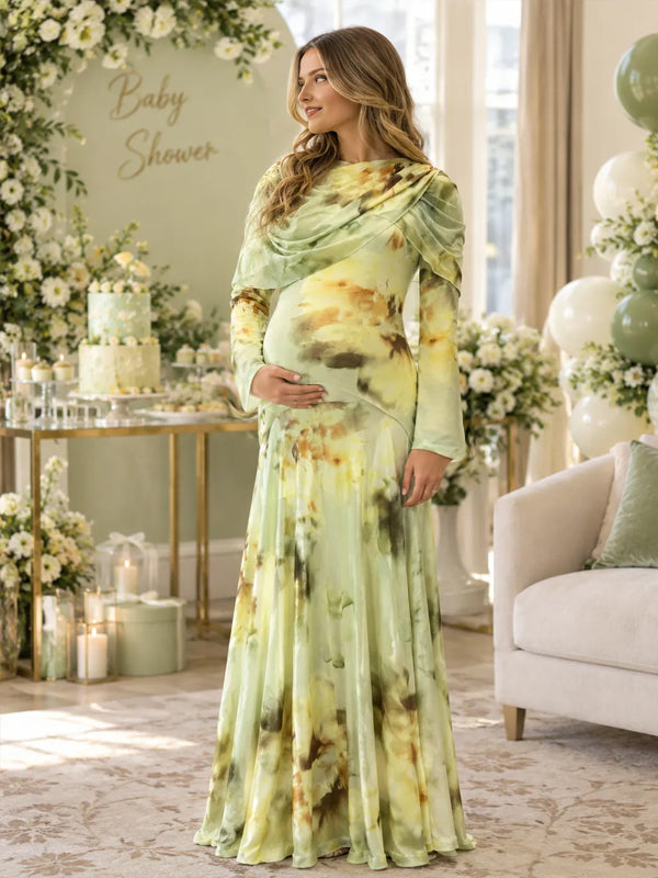 Green Elegant Ruched Maternity Maxi Dress with Cape and Print Detail and Flattering Silhouette