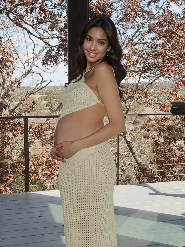 Momyknows Beige 2 Piece Halter Neck Crochet Fashion Beach Vacation Bodycon Maternity Maxi Dress