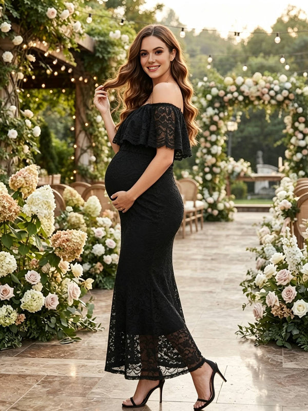 Black Lace Maternity Dress with Slim Fit and Ruffle Details