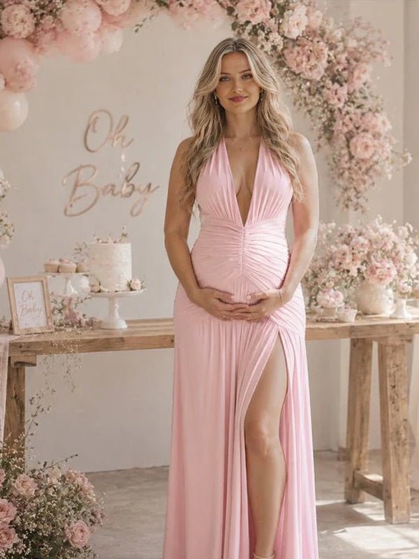 Momyknows Halter Neck Draped Hem Ruched Side Slit Backless Maternity Baby Shower Maxi Dress - Pink - 1