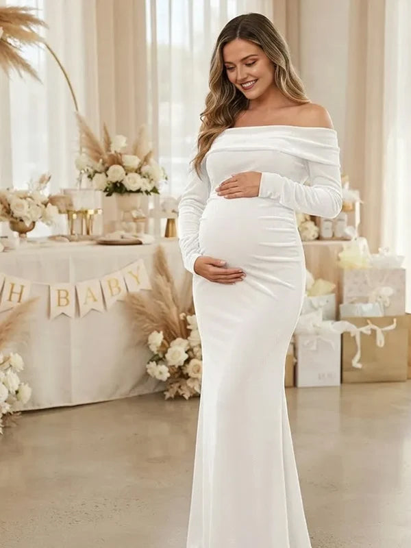 Momyknows Off Shoulder Ruched Pleuche Bodycon Backless Maternity Baby Shower Maxi Dress