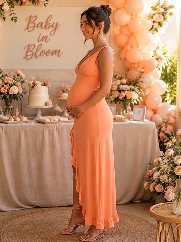 Momyknows Open Back Bodycon High Waist Deep V Side Slit Irregular Maternity Baby Shower Maxi Dress - Orange - 2