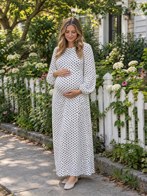 White Polka Dot Maternity Maxi Dress with Lace Up Detail and Flowing Fit