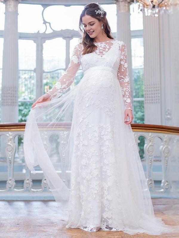 Momyknows White Lace Grenadine Embroidery Sheer Backless Maternity Photoshoot Maxi Dress