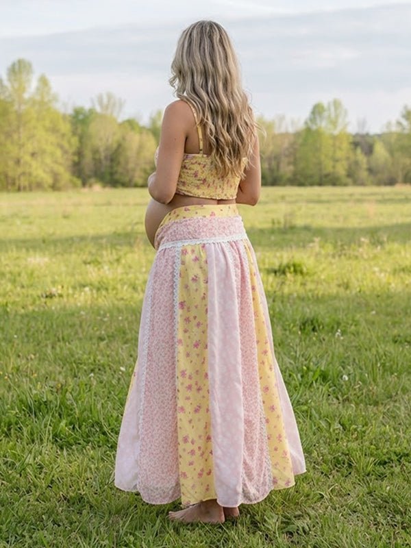 Momyknows Pink Spaghetti Strap Smocked Print Lace Up Maternity Photoshoot Maxi Dress - Pink - 4