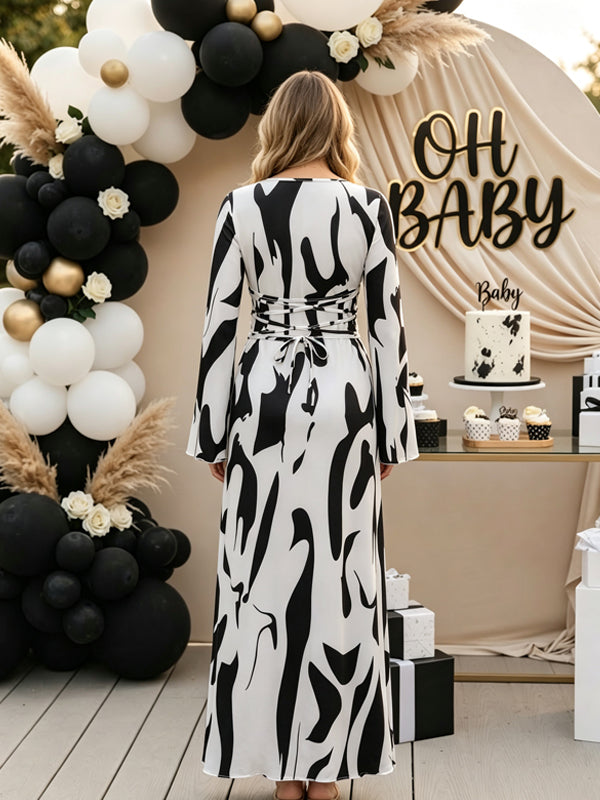 Black Printed Maternity Maxi Dress with U-Neck and Stretchy Fabric