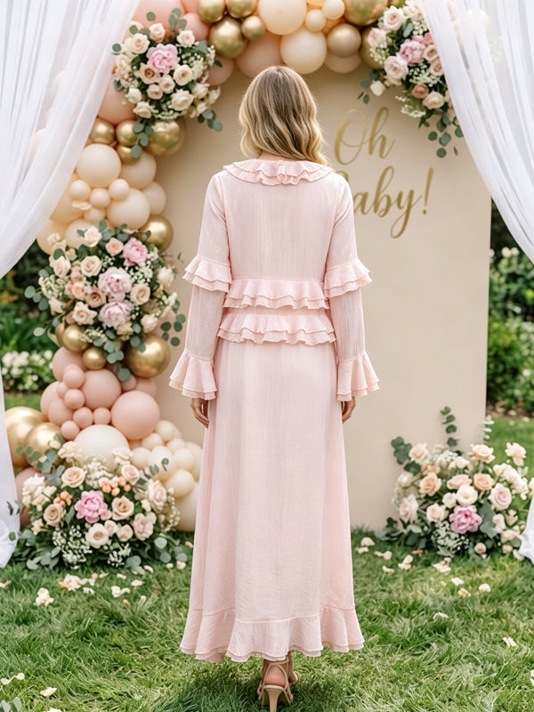 Pink V-Neck Maternity Dress with Ruffles and Asymmetrical Hem and Flared Sleeves