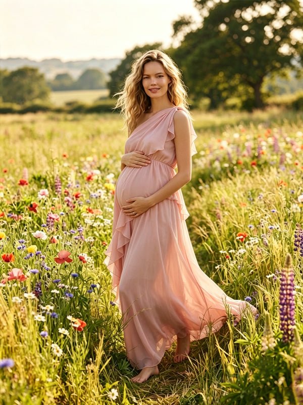 Momyknows Oblique Shoulder Falbala Solid Color Maternity Photoshoot Maxi Dress - Pink - 5