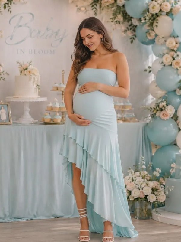 Momyknows Ruffle Side Slit Trumpet Big Swing Maternity Baby Shower Maxi Dress - Sky Blue - 2