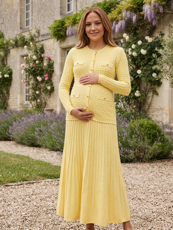 Yellow Elegantd Crochet Maternity Maxi Dress with Decorative Buttons and Elegant Silhouette, Photoshoot Style