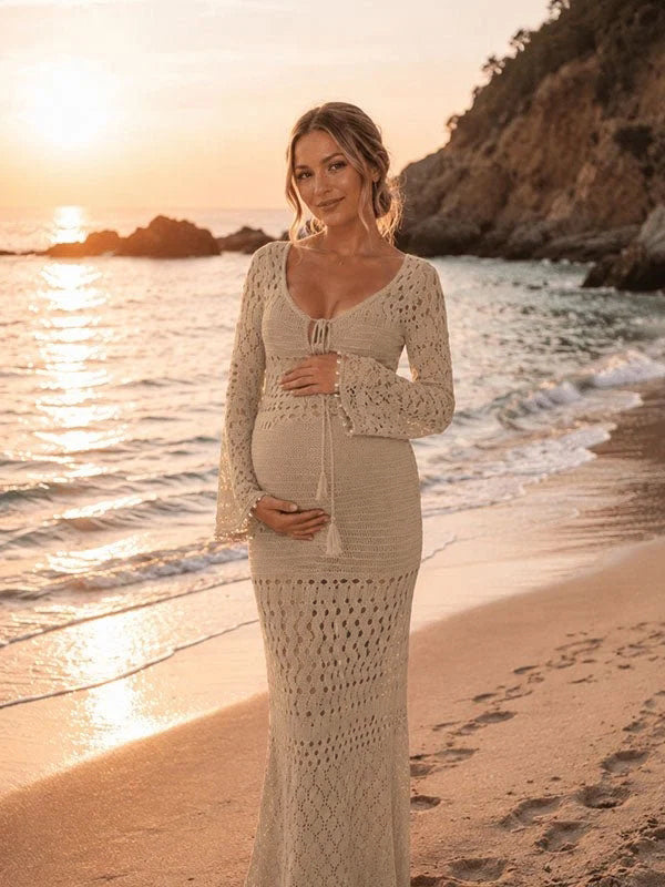 Momyknows Fashion Apricot Lace-Up Hollow Out Bodycon Vacation Maternity Maxi Dress Cover-Up