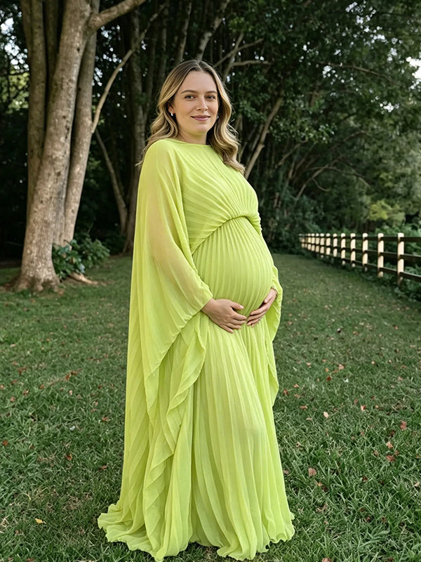 Momyknows Light Green Pleated Batwing Sleeve Maternity Maxi Dress