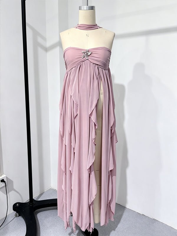 Momyknows Pink Sleeveless Boat Neck Draped Halter Neck Backless Thigh High Side Slits Baby Shower Maternity Maxi Dress - Pink - 7