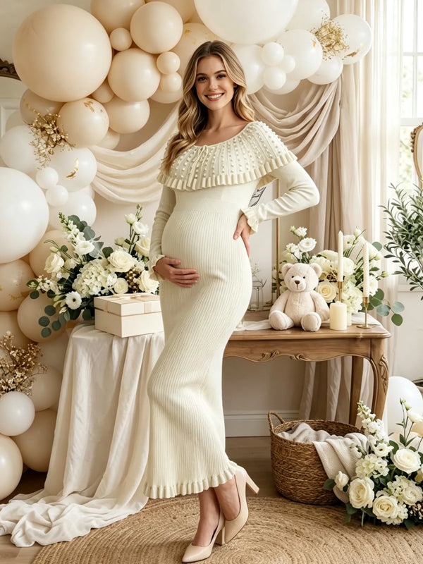 Apricot A-Line Maternity Maxi Skirt with High-Waisted Design and Ruffle Details