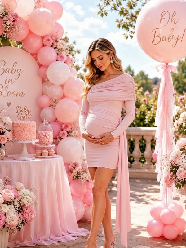 Momyknows Oblique Shoulder Ruffle Sash Bodycon Maternity Baby Shower Mini Dress - Pink - 3