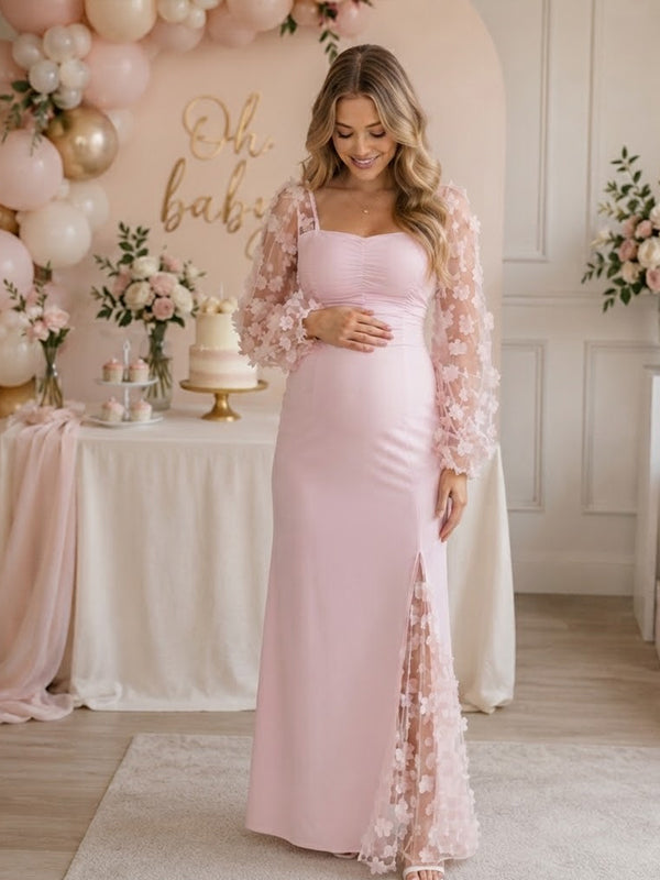 Pink Elegant Ruched Lace Maternity Maxi Dress with Spliced 3D Flower Detail and Flattering Fit