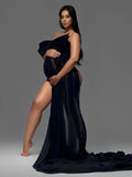 Momyknows Bow Sheer Side Slit Off Shoulder Backless Photoshoot Maternity Maxi Dress