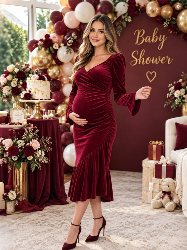 Wine Red Maternity Midi Dress with Pleuche Texture and Asymmetric Flare Sleeves
