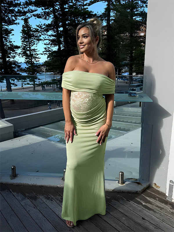 Momyknows Off Shoulder Lace Sheer Splicing Ruched Baby Shower Maternity Maxi Dress Green / 2XL Momyknows Off Shoulder Lace Sheer Splicing Ruched Baby Shower Maternity Maxi Dress Green / 2XL