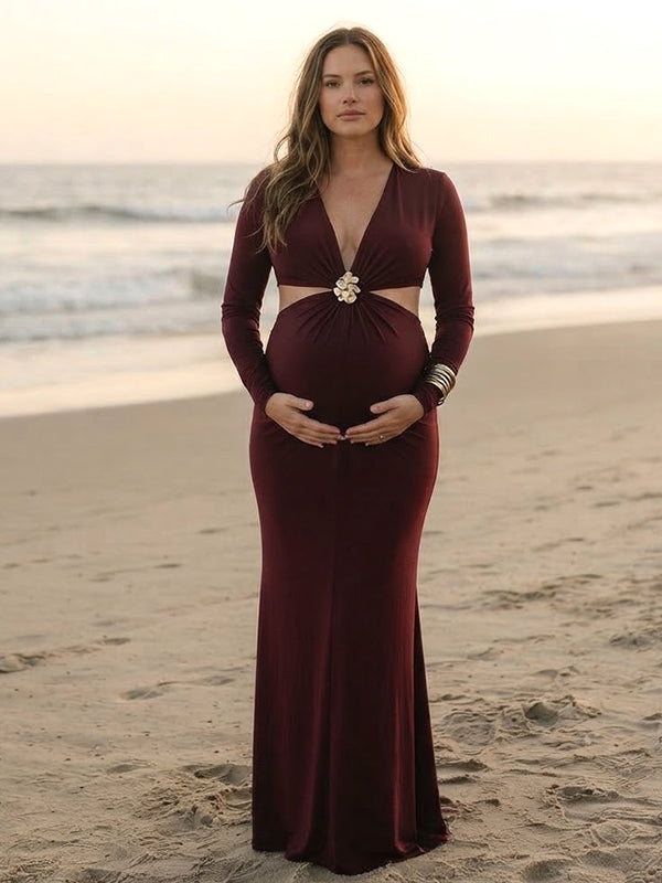 Wine Red Bodycon Maternity Maxi Dress with Deep V Neckline and Midriff-Baring Detail