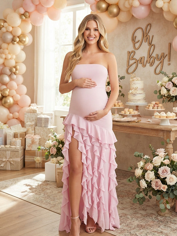 Momyknows Bandeau Backless Falbala Side Slit Maternity Baby Shower Maxi Dress
