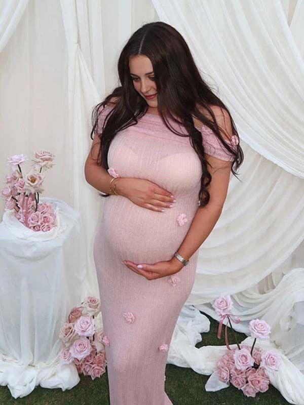 women's light pink off the shoulder dress for pregnant Momyknows Grenadine Off Shoulder 3D Flowers Bodycon Elegant Photoshoot Baby Shower Maternity Maxi Dress