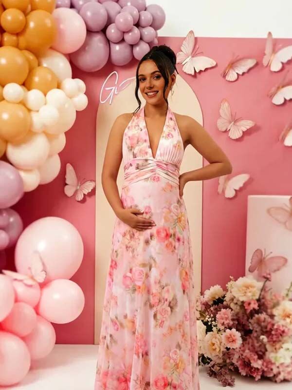 Momyknows Pink Halter Neck Backless Grenadine Maternity  Photoshoot Maxi Dress