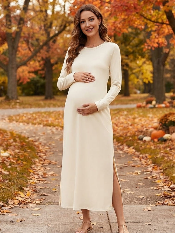 Apricot Daily Maternity Maxi Dress with Double Side Slits and Pockets and Relaxed Fit, Photoshoot Occasion