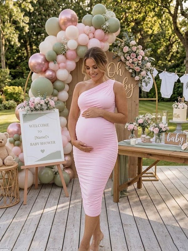 Momyknows Elegant Ruched Oblique Shoulder Bodycon Baby Shower Maternity Madi Dress - Beige - 7