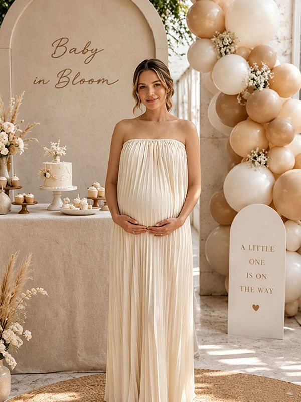 Momyknows Elegant Beige 2-in-1 Pleated Flowy Irregular Baby Shower Maternity Maxi Dress - Beige - 2