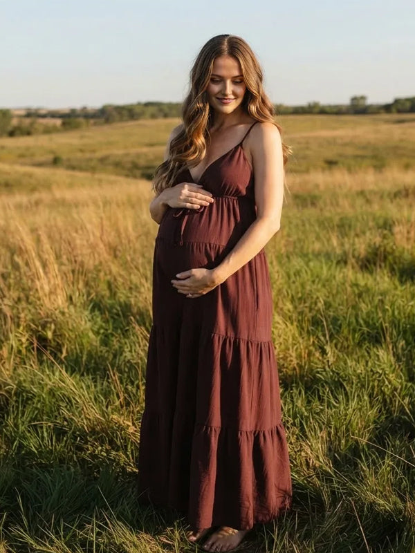 Brown Maternity Maxi Dress with Spaghetti Straps and Lace Up Detail and Flattering Silhouette