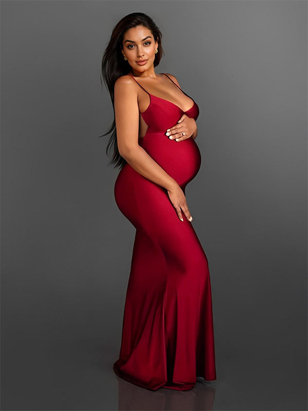Momyknows Red Spaghetti Strap Backless Bodycon Mermaid Evening Gown Photoshoot Maternity Maxi Dress