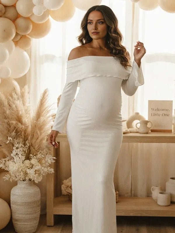 Momyknows Off Shoulder Side Slit Backless Flare Sleeve Ruched Maternity Baby Shower Maxi Dress - White - 2