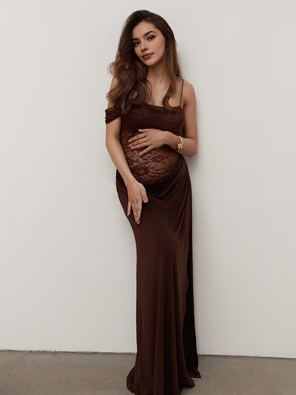 Momyknows Chic Brown Lace Patchwork Irregular Asymmetric Shoulder Bodycon Photoshoot Maternity Maxi Dress