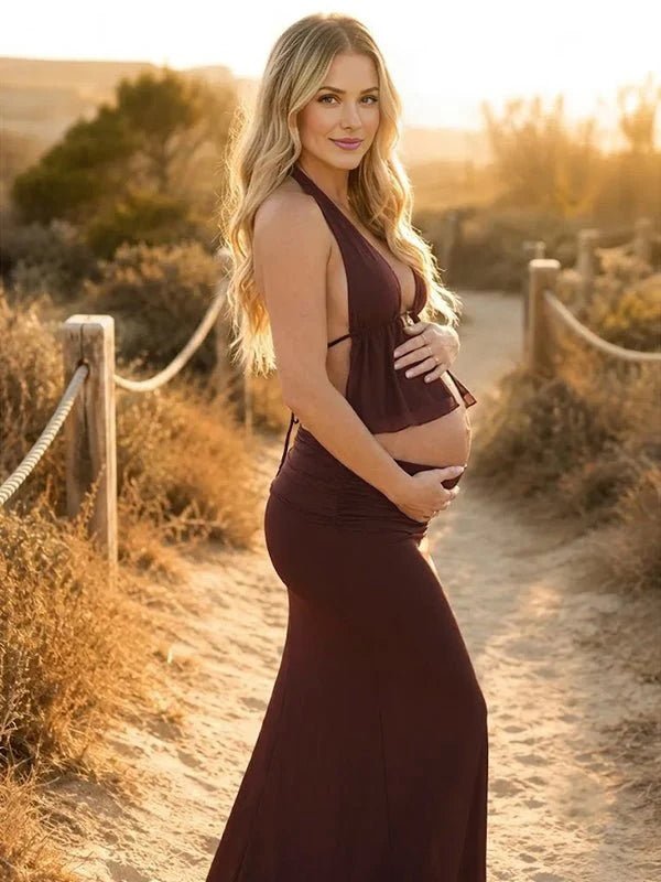 Momyknows Chic Brown Halter Neck Lace Up 2-in-1 Maternity Photoshoot Maxi Dress - Brown - 2