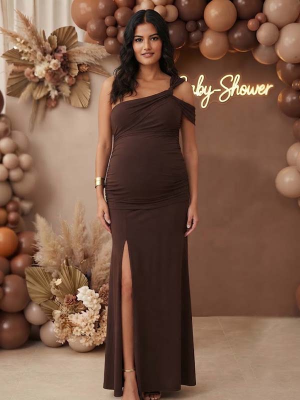 Momyknows Coffee Ruffle Thigh High Side Slits Oblique Shoulder Irregular Maternity Baby Shower Maxi Dress