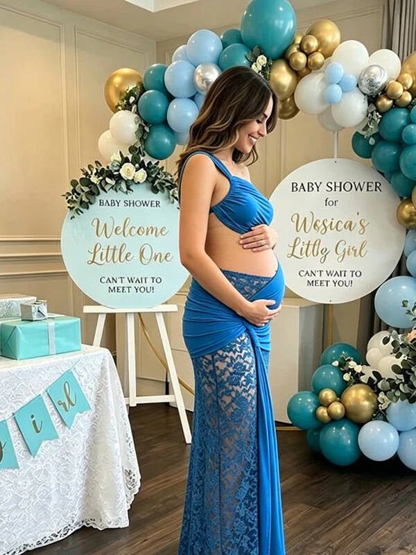 Momyknows Lace Patchwork One Shoulder Ruched Cut Out Draped Maternity Baby Shower Maxi Dress - Blue - 2
