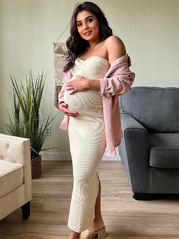 Momyknows Beige Tube Twist Bow Back Slit Bodycon Crochet Fashion Baby Shower Maternity Maxi Sweater Dress