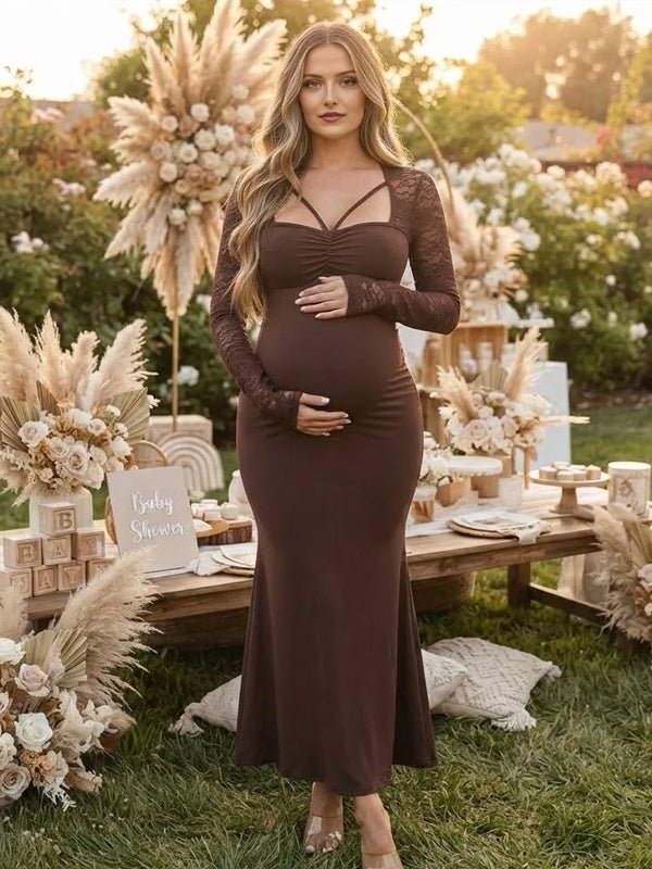 Momyknows Coffee Lace Cross Ruched Bodycon Splicing Maternity Baby Shower Maxi Dress - Coffee - 2