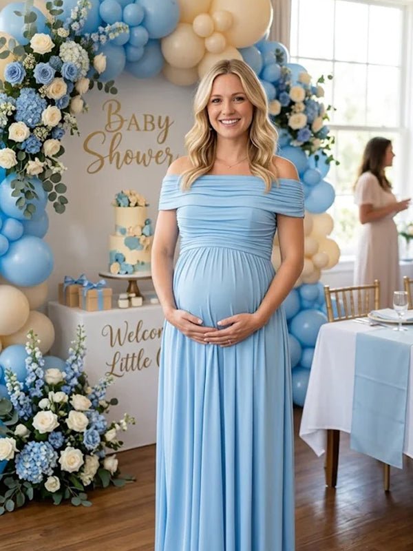 Momyknows Off Shoulder Ruched Pocket Backless Maternity Baby Shower Maxi Dress - Blue - 1