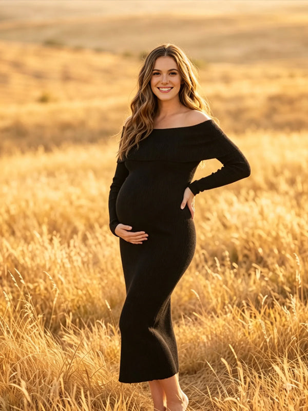 Black Knitted Maternity Dress with Off-the-Shoulder Design and Flattering Fit, Lawn Photoshoot