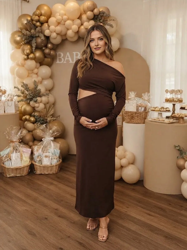 Coffle Maternity Midi Dress with Oblique Shoulder and Crop Top Design and Elegant Fit, Baby Shower Occasion